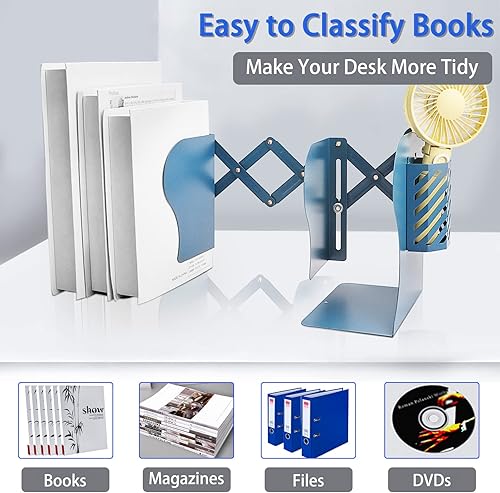 Miniatura 8 de Extremos de libros resistentes para sostener libros con soporte para bolígrafos, sujetalibros ajustables, extremos de metal para estantes, soportes