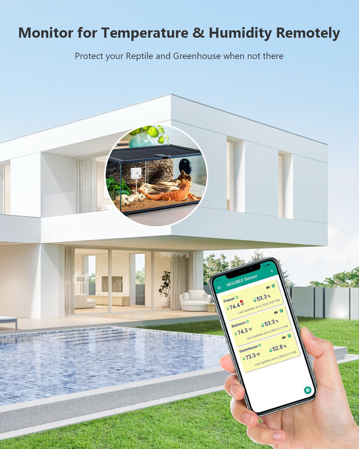 MOCREO ST9 Termometro igrometro wireless per rettili con sonda impermeabile IP67, senza costi di abbonamento, per rettili, sigari, serre (hub richiesto)