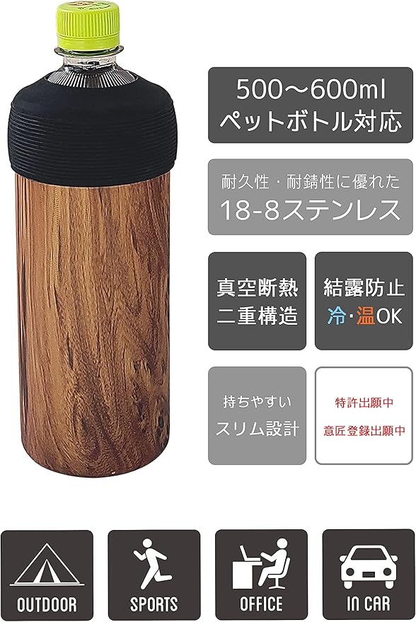 Amazon Co Jp 真空保冷 ペットボトルホルダー 断熱 二重構造ステンレス 500 600ml対応 スリム 木目 ホーム キッチン