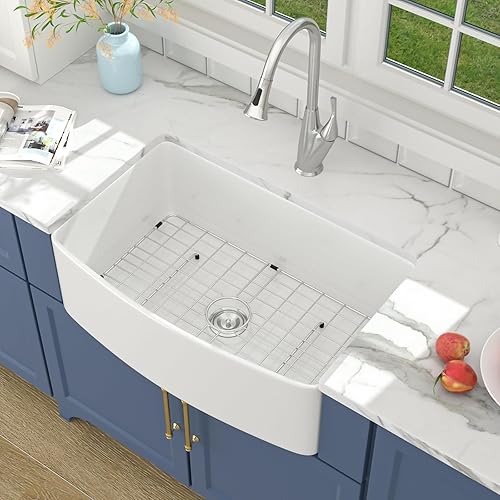 Miniatura 2 de Lordear - Fregadero de cocina de granja de 30 pulgadas, blanco, cerámica de arcilla refractaria y porcelana curva, fregadero delantero de delantal