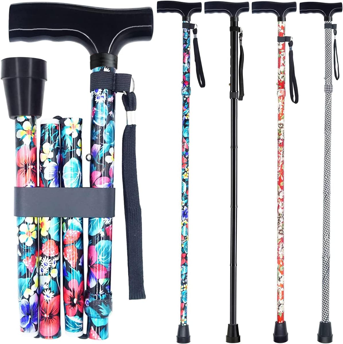 YAMTHR Walking Cane with Smooth Wood Derby Handle, Adjustable Walking Cane for Women, Folding Cane for Men, Foldable Cane, Canes for Seniors, Adjustable Cane, Supports up to 250 Pounds