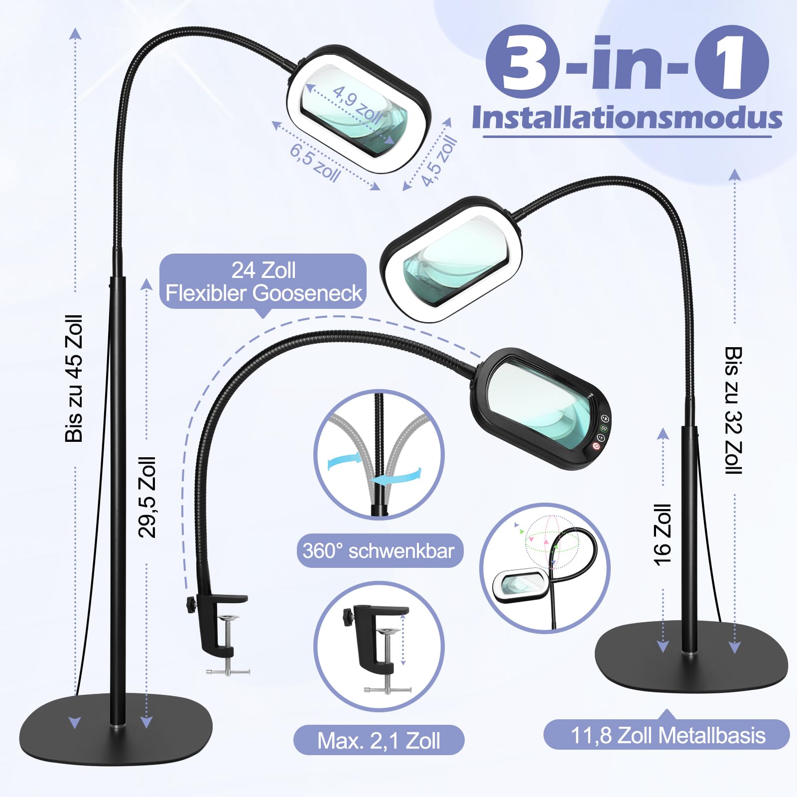 12X Rechteckige Lupe mit Licht und Ständer, 24-Zoll Flexibler Schwanenhals-Vergrößerungslampe mit Ständer, 5 Farbmodi stufenlos dimmbar, 3-in-1 LED-Vergrößerungslampe freihändig für Naharbeit, Lesen
