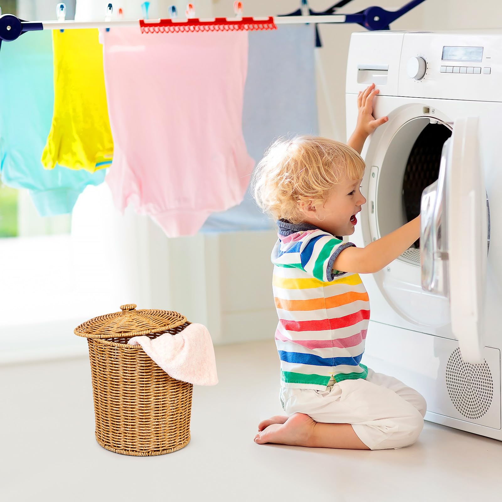 Baul Mimbre Tapa para Almacenamiento en Casa, Cesta de Pp Equilibrio Estable y Diseño que Ahorra Espacio, Adecuado para Dormitorio y Baño