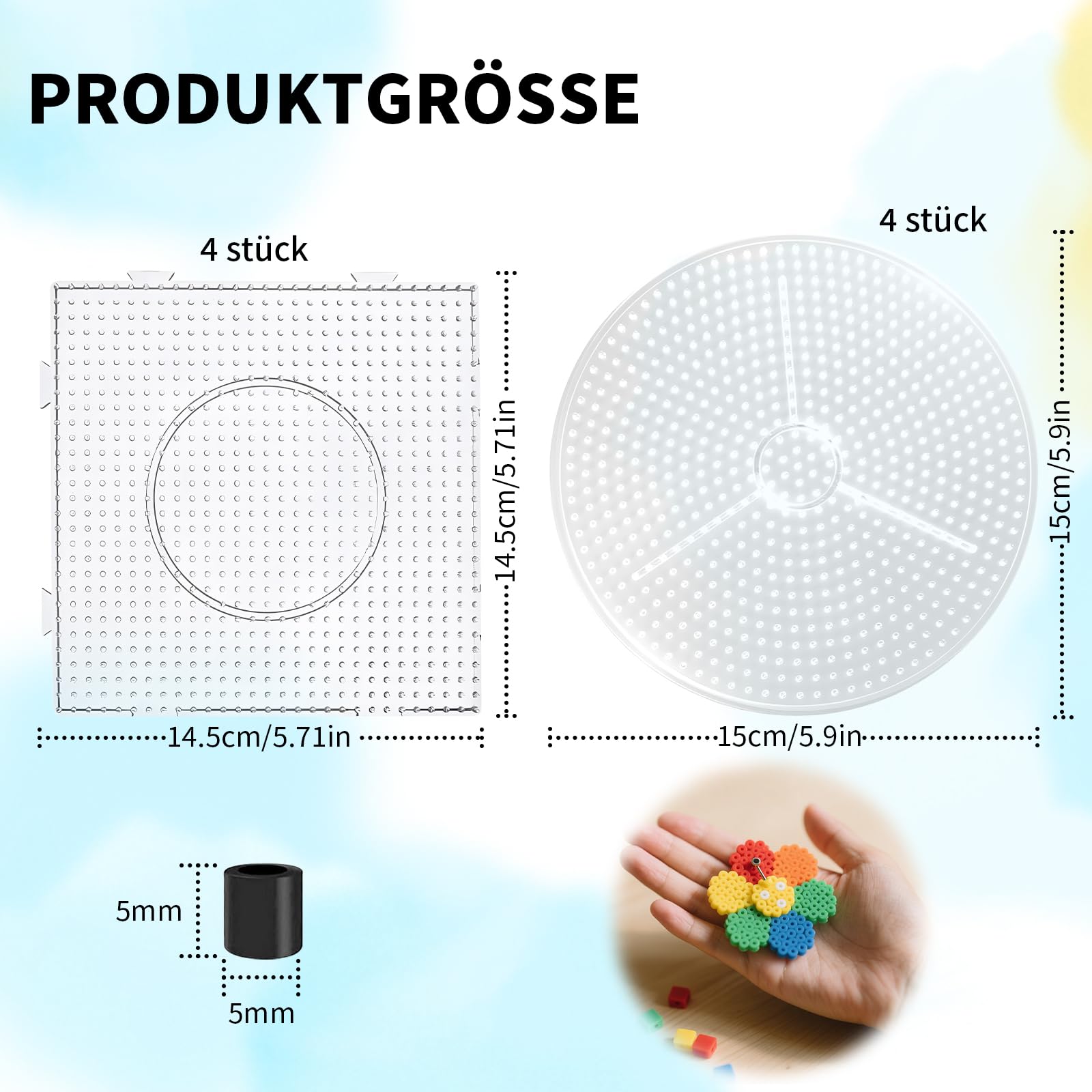 Set De 8 Plantillas Transparentes Para Cuentas De Planchar De 5 Mm – 4 Cuadradas Y 4 Redondas Con 4 Pinzas, Ideal Para Manualidades Infantiles