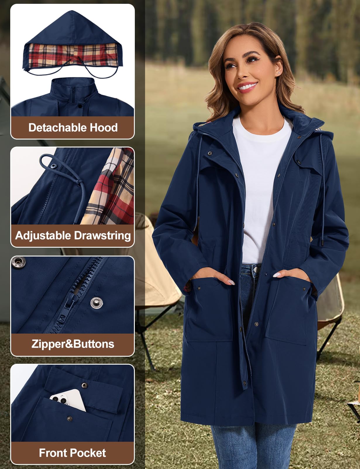 Tuopuda Regenjacke Damen Wasserdichte Übergangsjacke Lange Regenmante Windbreaker Jacke Leicht mit Abnehmbare Kapuze Regenparka Atmungsaktiv für Frühling Sommer Herbst