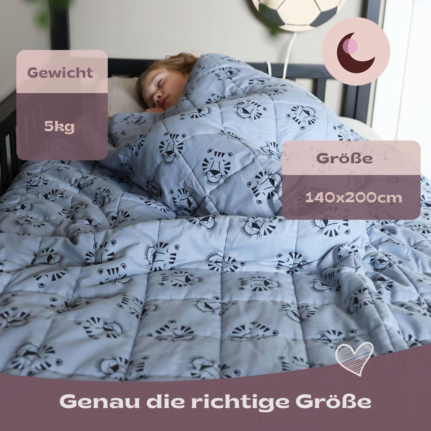 Blenkz Verzwaringsdeken voor kinderen, 3,5 kg, 100 x 150 cm, therapiedeken, gewichtsdeken, zwaar dekbed (tijgergezicht, blauw, 3,5 kg