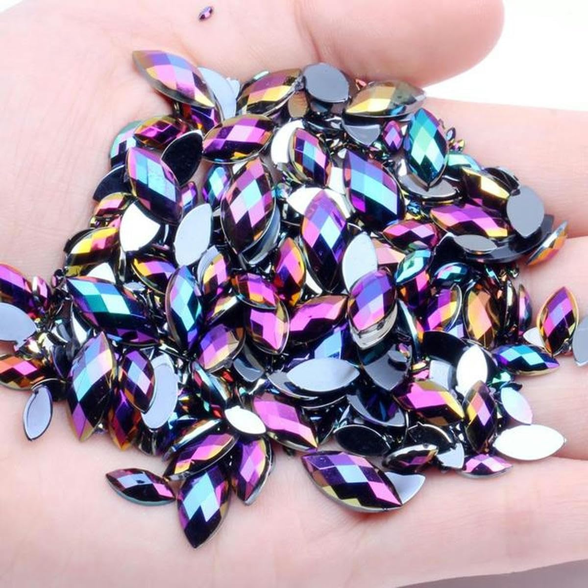 Marquise Earth Facets Lot de 100 strass à dos plat en acrylique Plusieurs tailles et couleurs AB Pour décoration d'ongles - 03 Vert clair AB-4 x 8 mm 100 pièces 09 Noir AB 3 x 6 mm 200 pièces