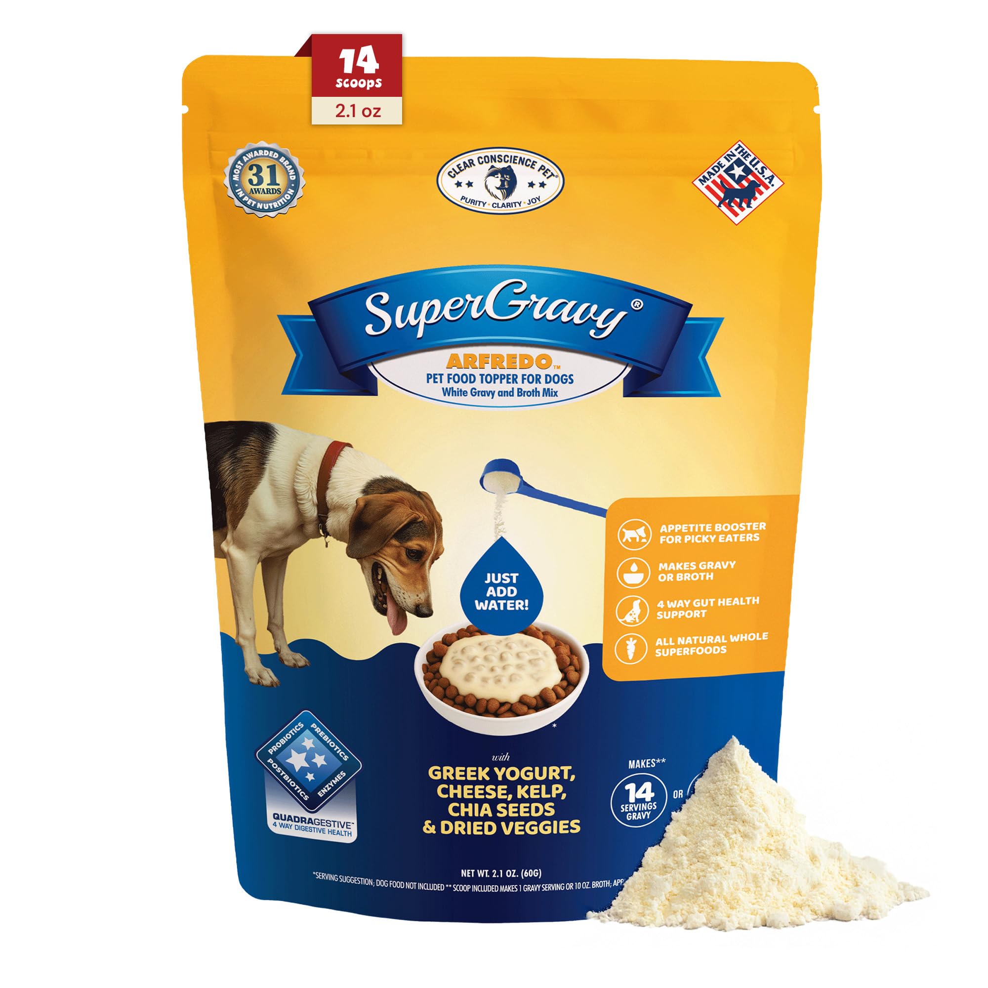 CLEAR CONSCIENCE PET® Arfredo SuperGravy® Dog Food Topper Hydration Broth Mix Greek Yogurt Cheese Blend Kibble Seasoning Probiotics Prebiotics Enzymes Taurine, 2.1 oz. 14 Scoops All Life Stage