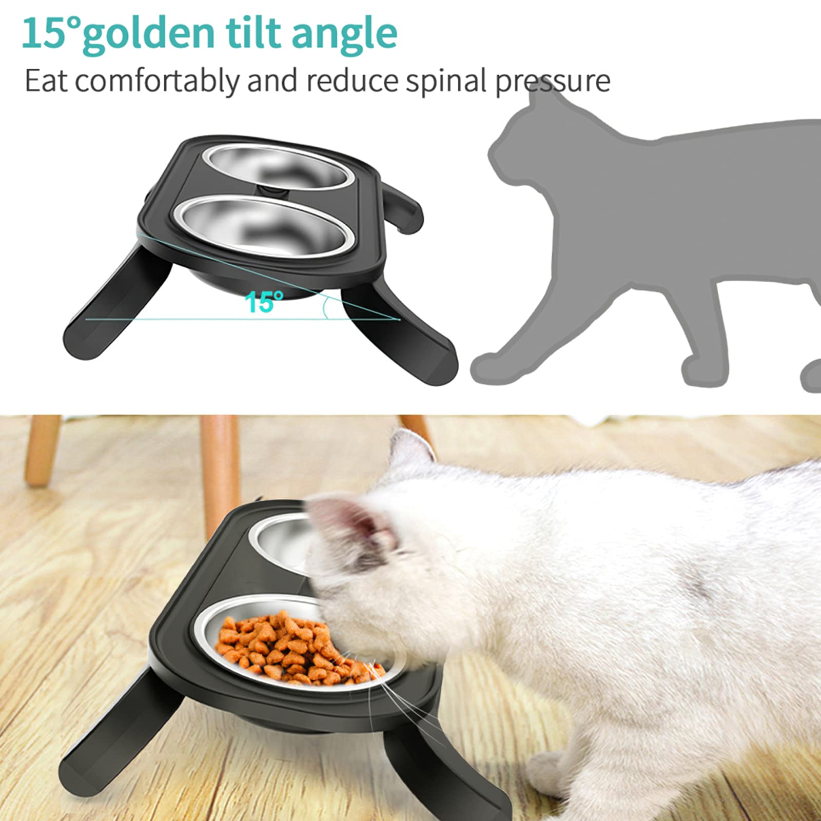 Comedero Para Gatos Perros Elevados,Alturas Ajustables,Comedero Y Bebedero Para Mascotas Con Extraíbles Doble Del Acero Inoxidable Cuencos De Agua Para Golosinas Para Cachorros Gatos Perros ,Gris