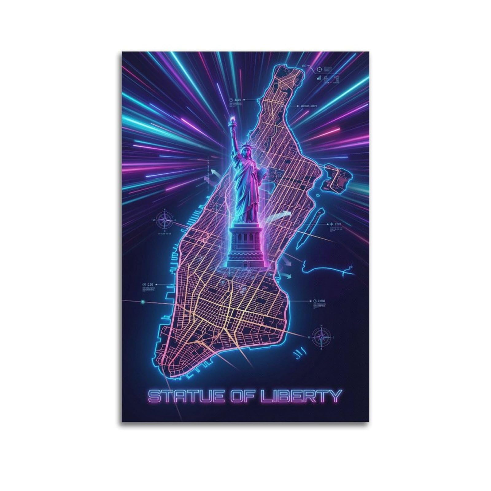 OKAHYS Retro Synthwave Manhattan Neon Map Poster Modern Decorative Canvas Prints - Ideal Wall Art for Family, Man Cave, Game Room, Boys & Girls Bedroom 24x36inch(60x90cm)