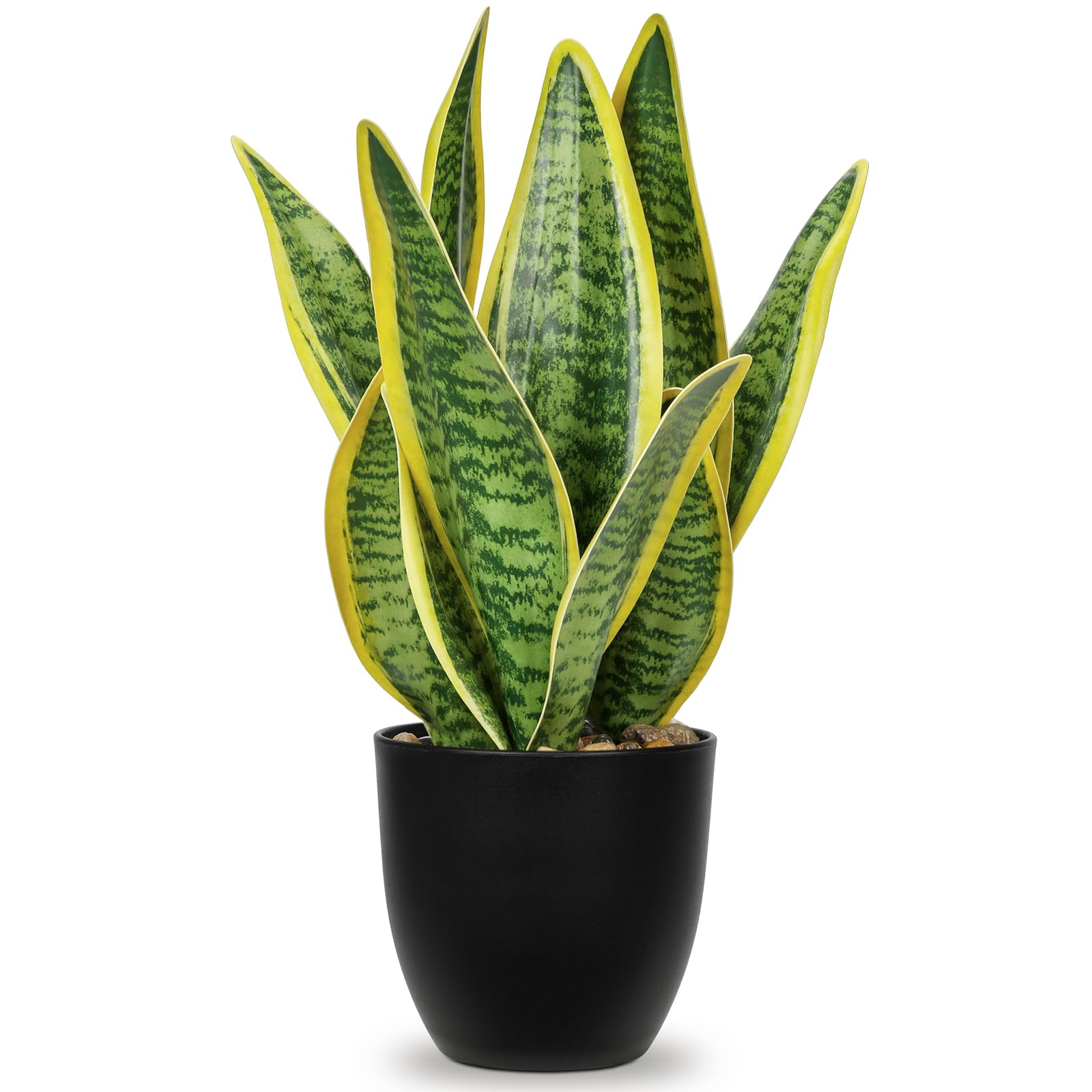 Hollyone Artificial Snake Plant Potted Faux Sansevieria Trifasciata Plants, 13" Tropical Fake Snake Plants in Black Pots for Home Office Room Indoor