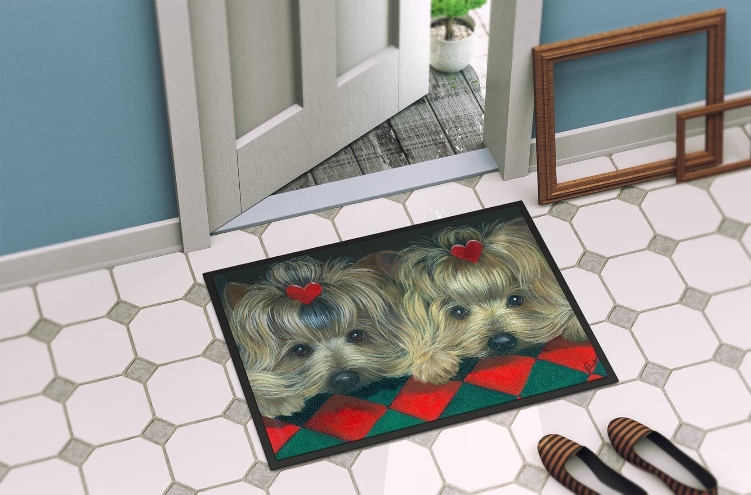 Caroline's Treasures PPP3290MAT Yorkshire Terrier Yorkie 2 Hearts Doormat 18x27 Front Door Mat Indoor Outdoor Rugs for Entryway, Non Slip Washable Low Pile, 18H X 27W