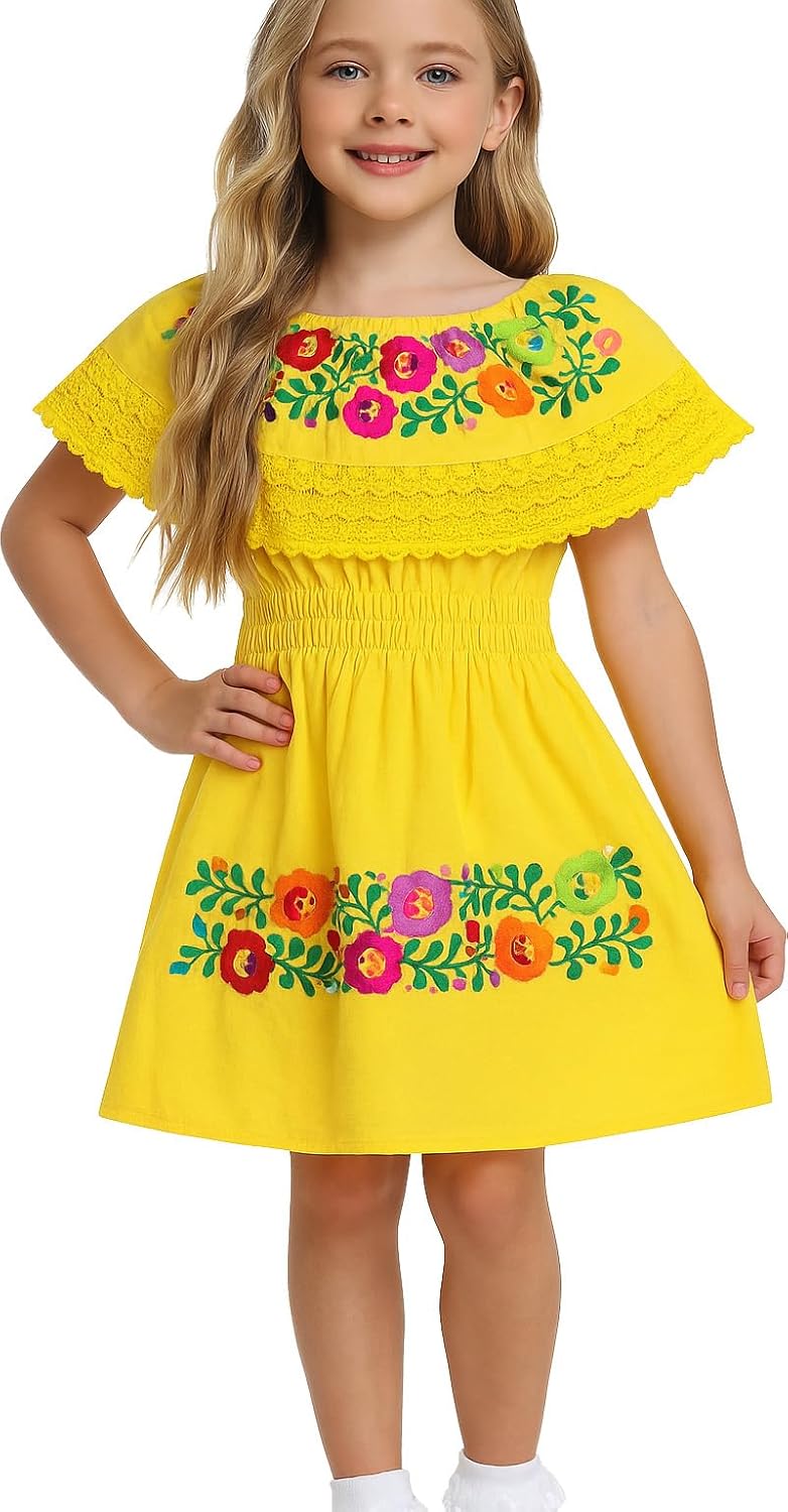 YZXDORWJ Mexican Embroidered Cinco de Mayo Dress for Girls - Kids Fiesta Floral Vestidos Girl's Traditional Dress