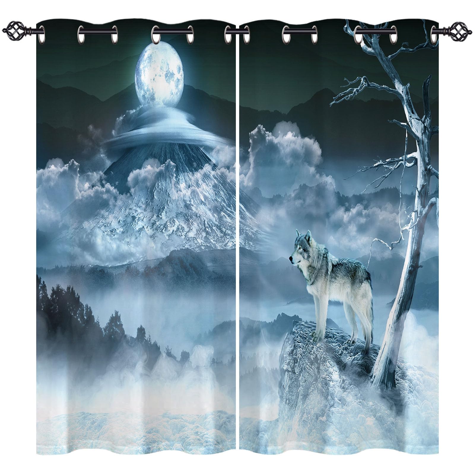 ANHOPE Wolf Curtains Eyelet Soft Thermal Insulated Ring Top 80% Blackout Curtains with Winter Forest Mountain Moon Wolf Print Pattern Window Drapes for Bedroom Living Room 42 x 63 Inch 2 Panels