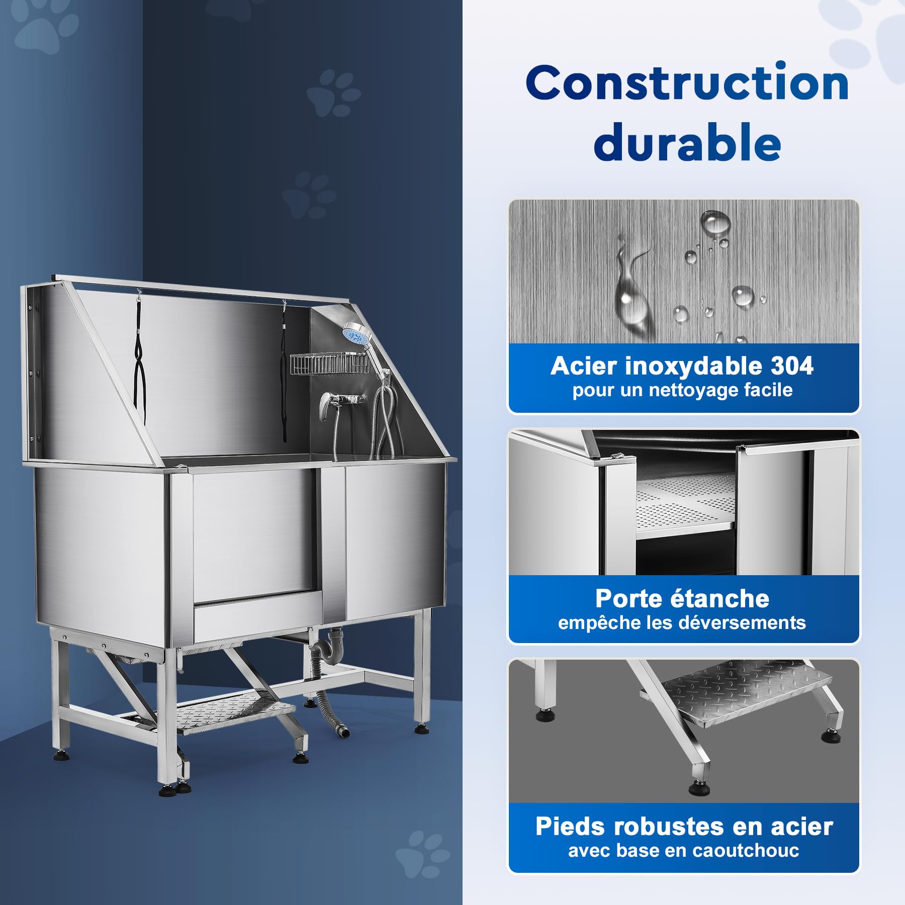Baignoire de Toilettage pour Chien 127CM Capacité 115KG en Acier Inoxydable 304 Station de Bains pour Grands Chiens avec Escaliers et Pomme de Douche, pour Maison Hôpital Animalerie