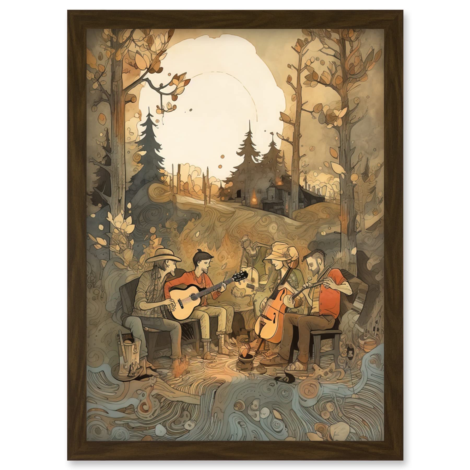 Framed Watercolour Painting A4 - Countryside Folk Band Musicians in Forest at Sunset - Artery8 Wall Art Print