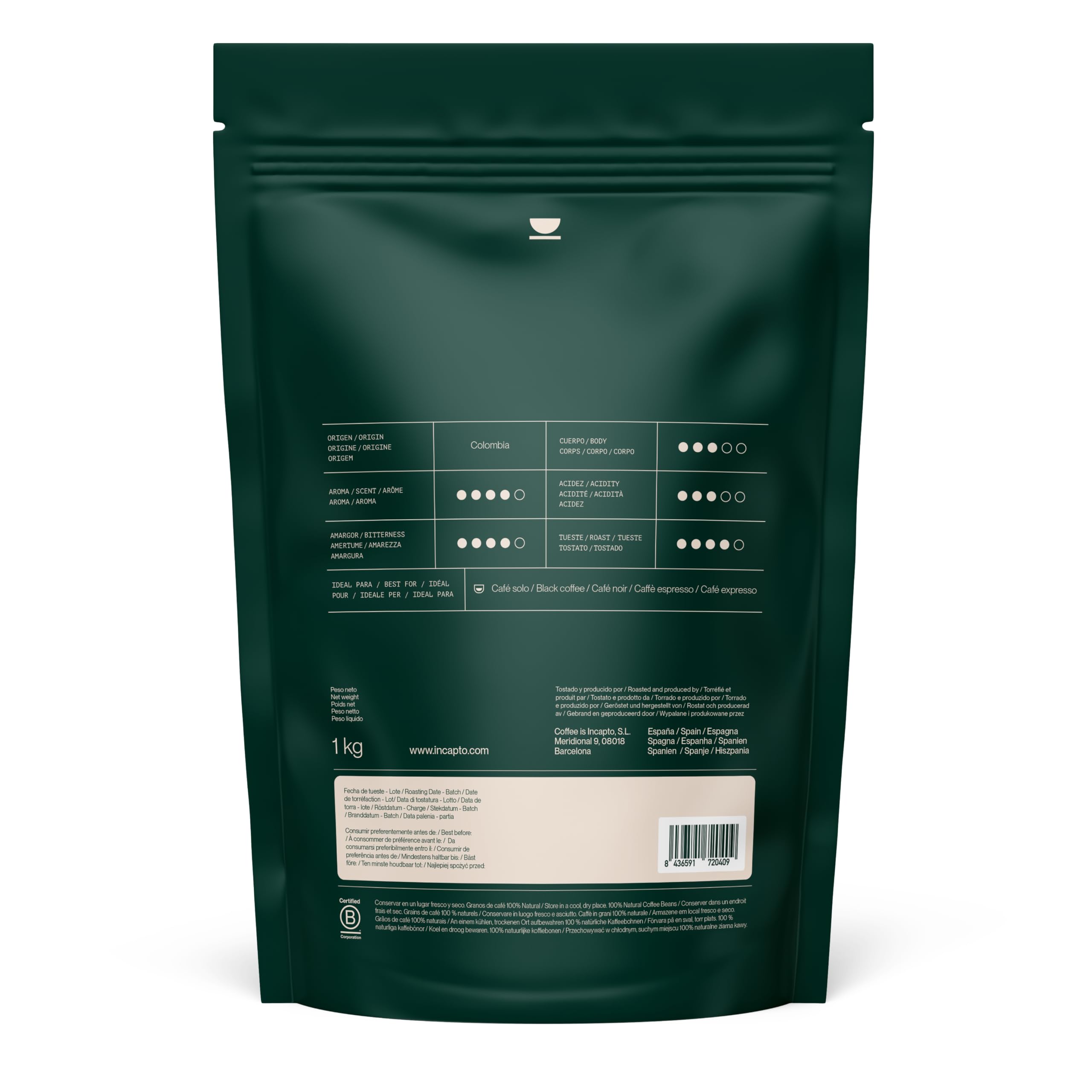 Incapto Café en Grain de Spécialité 1kg | Origine Colombie | 100% Arabica | Café de Spécialité 84 points SCA | Torréfaction Naturelle et Artisanale | Ferme Huila, Cadefihuila