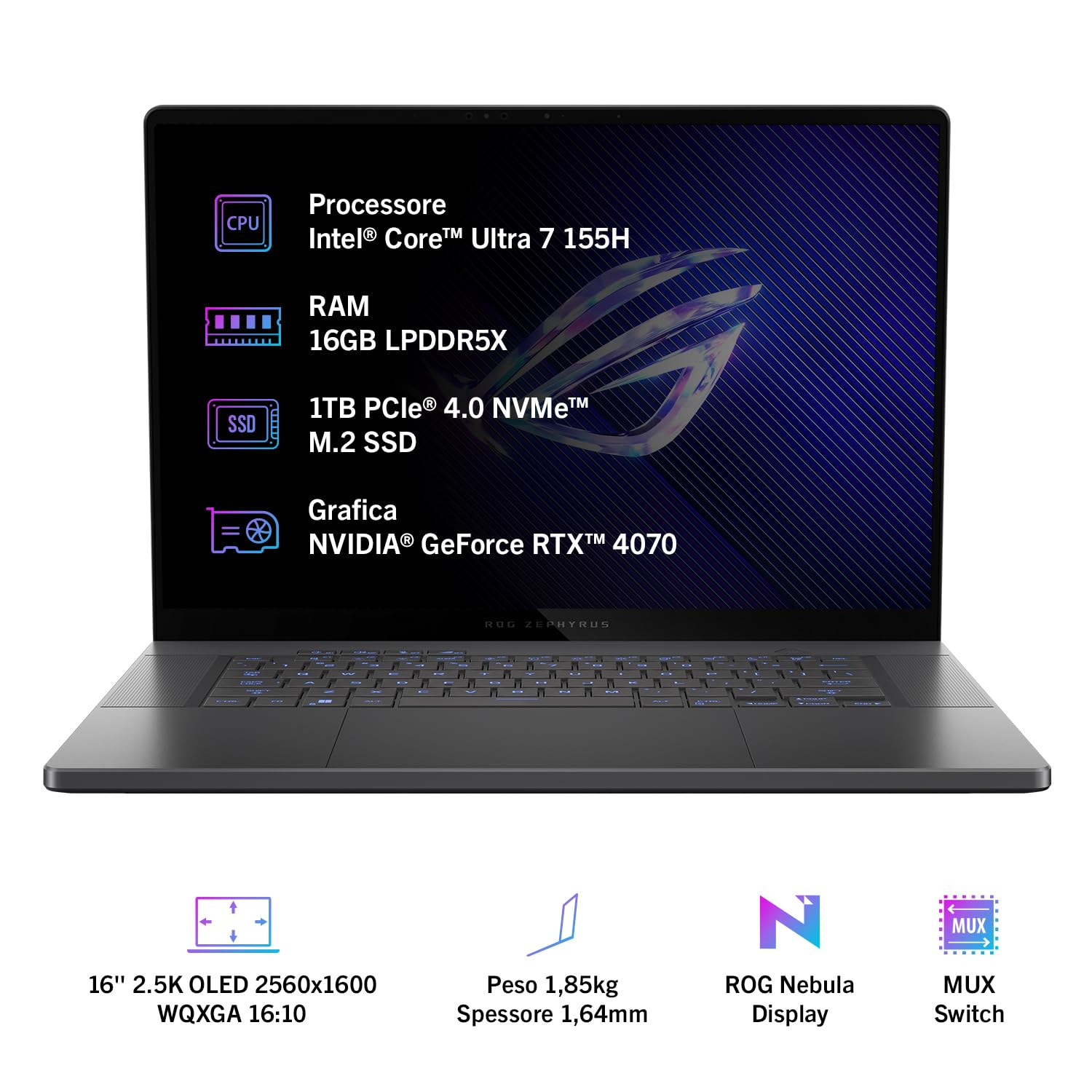 ASUS ROG Zephyrus G16 GU605MI#B0CQ2Q1DWN, Notebook con Monitor 16" 2.5K OLED Glossy, 240Hz, Processore Intel Core Ultra 7 155H, RAM 16GB, 1TB SSD PCIE, NVIDIA GeForce RTX 4070 8GB, Win 11 Home, Grigio