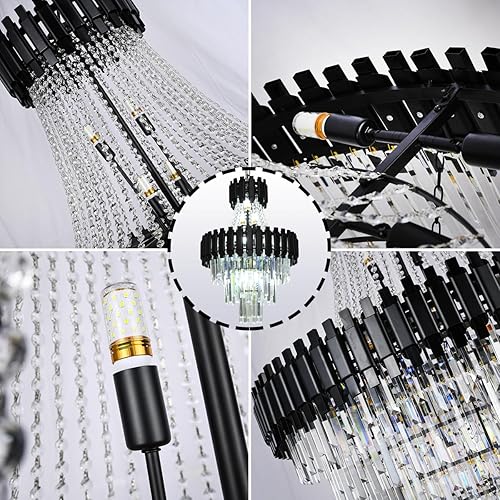 Miniatura 6 de Vimatto Candelabro moderno de cristal negro, estilo imperio, iluminación de 20.5 pulgadas, 11 luces, lámpara de cristal colgante de gota de lluvia
