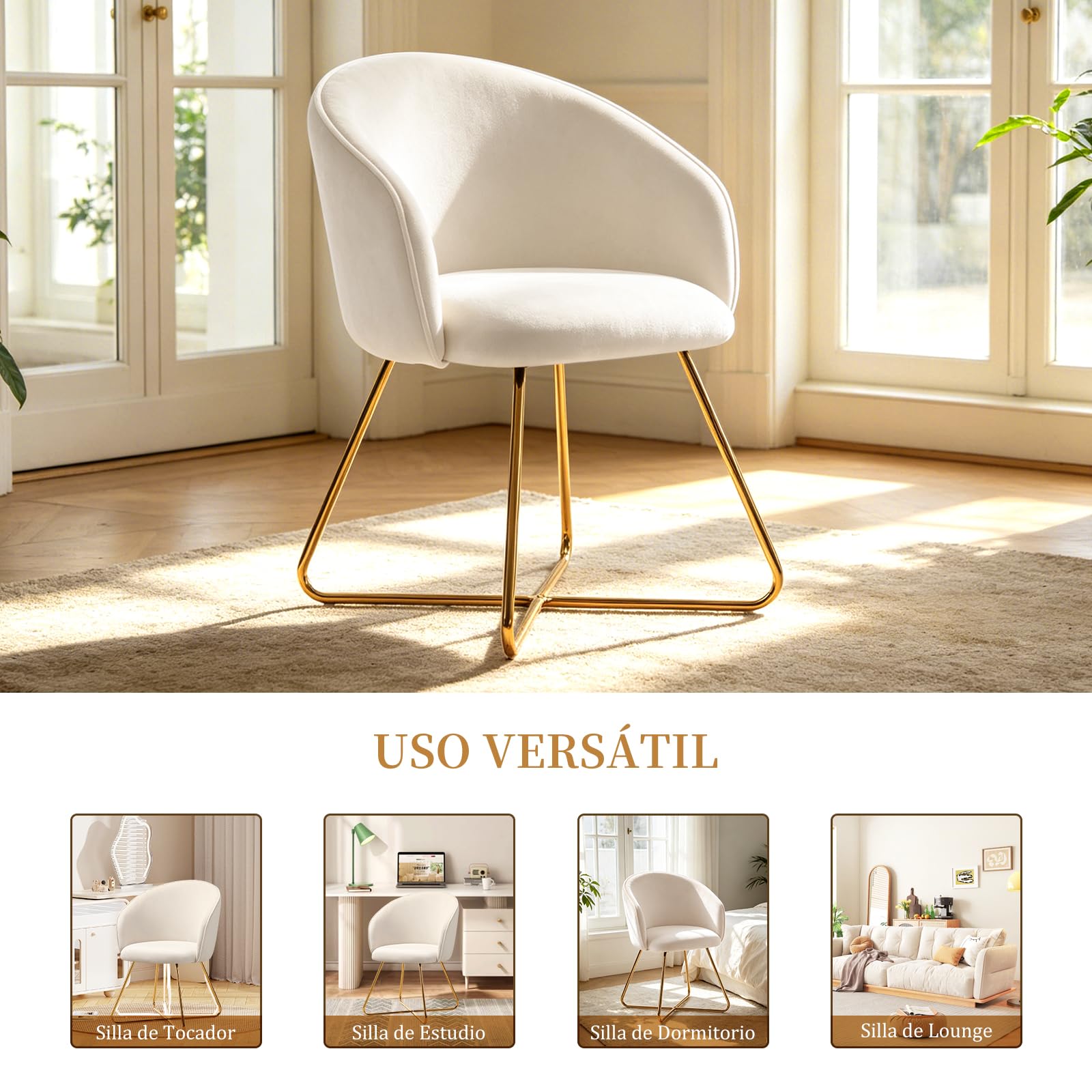 Hellove Silla para Tocador Maquillaje with Gold Metal Legs, Butaca Dormitorio con Respaldo Curvado, Silla Ocio, Sillón de Hogar Moderno, Tapizada Terciopelo para Sala de Estar/Salon, Beige