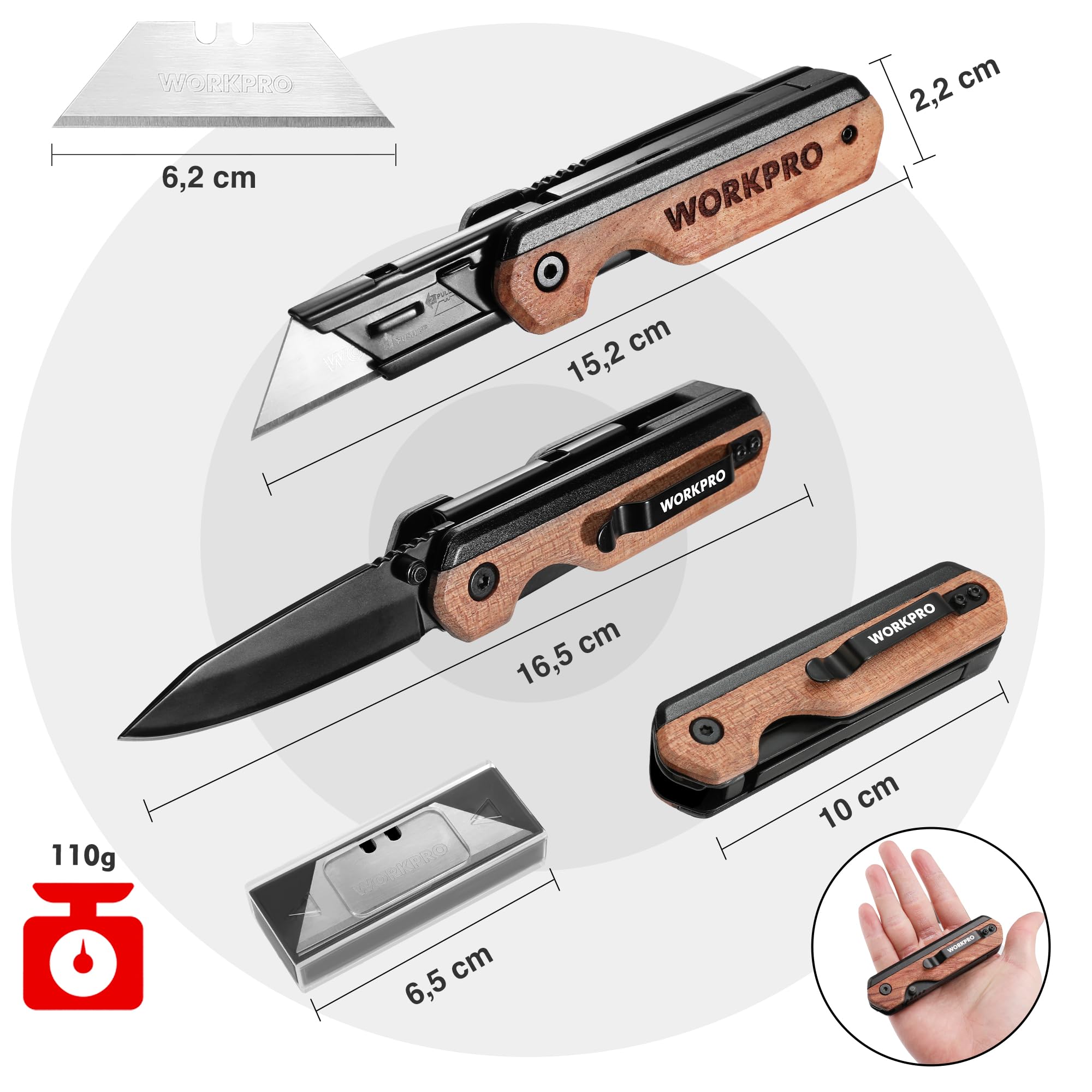 WORKPRO Cuchillo Plegable y Navaja 2 en 1, Cuter Utilitario de Aluminio, Navaja con Mango de Madera y Clip para Cinturón, Cambio Rápido, con 10 Cuchillas SK5 Extra