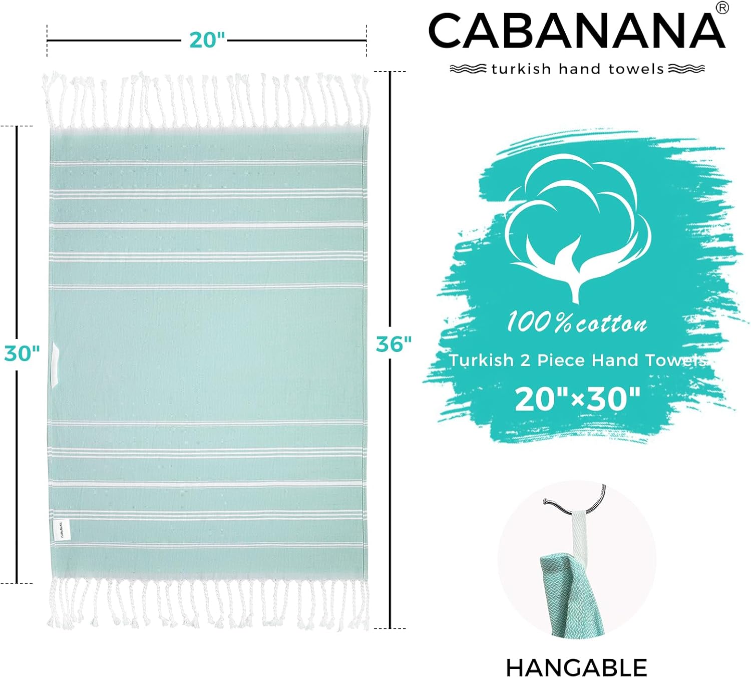 cabanana Hand Towels for Bathroom - 2-Pack,20x30 Inch-100% Cotton,Turkish Bathroom Hand Towels,Super Absorbent & Quick-Dry Soft for Bath, Kitchen, Spa, Face, Hair, Dishcloth (Aqua) - Image 6