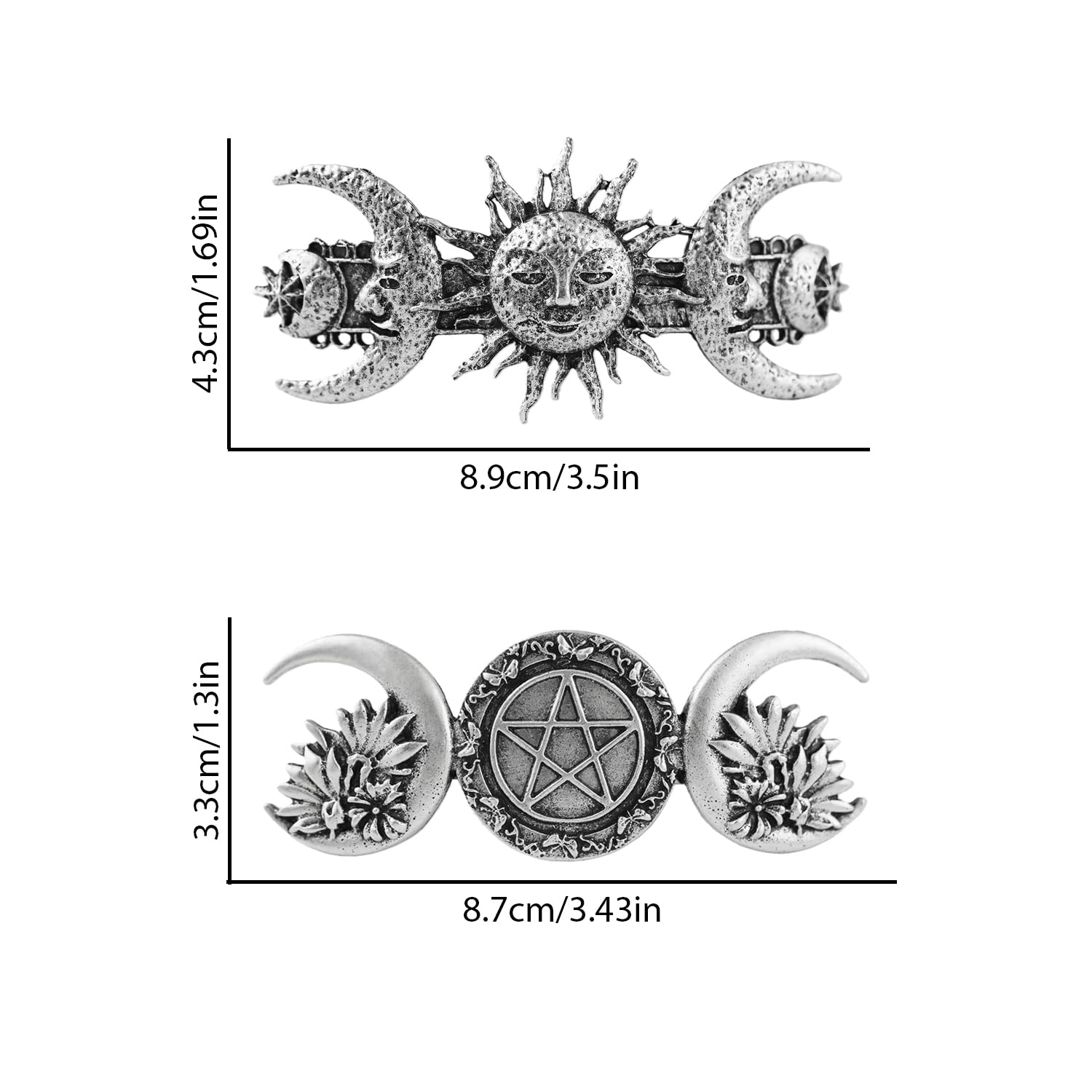 Triple Moon Pentagram Hair Barrettes Set, Witchy Hair Accessories for Women, Gothic Celtic Jewelry, Moon Goddess Witch Hair Clip Vintage Celestial Style