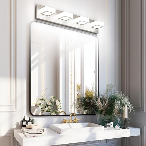 Miniatura 2 de Ralbay - Lámpara de tocador de 4 luces de níquel cepillado para baño, moderna lámpara led de metal y acrílico