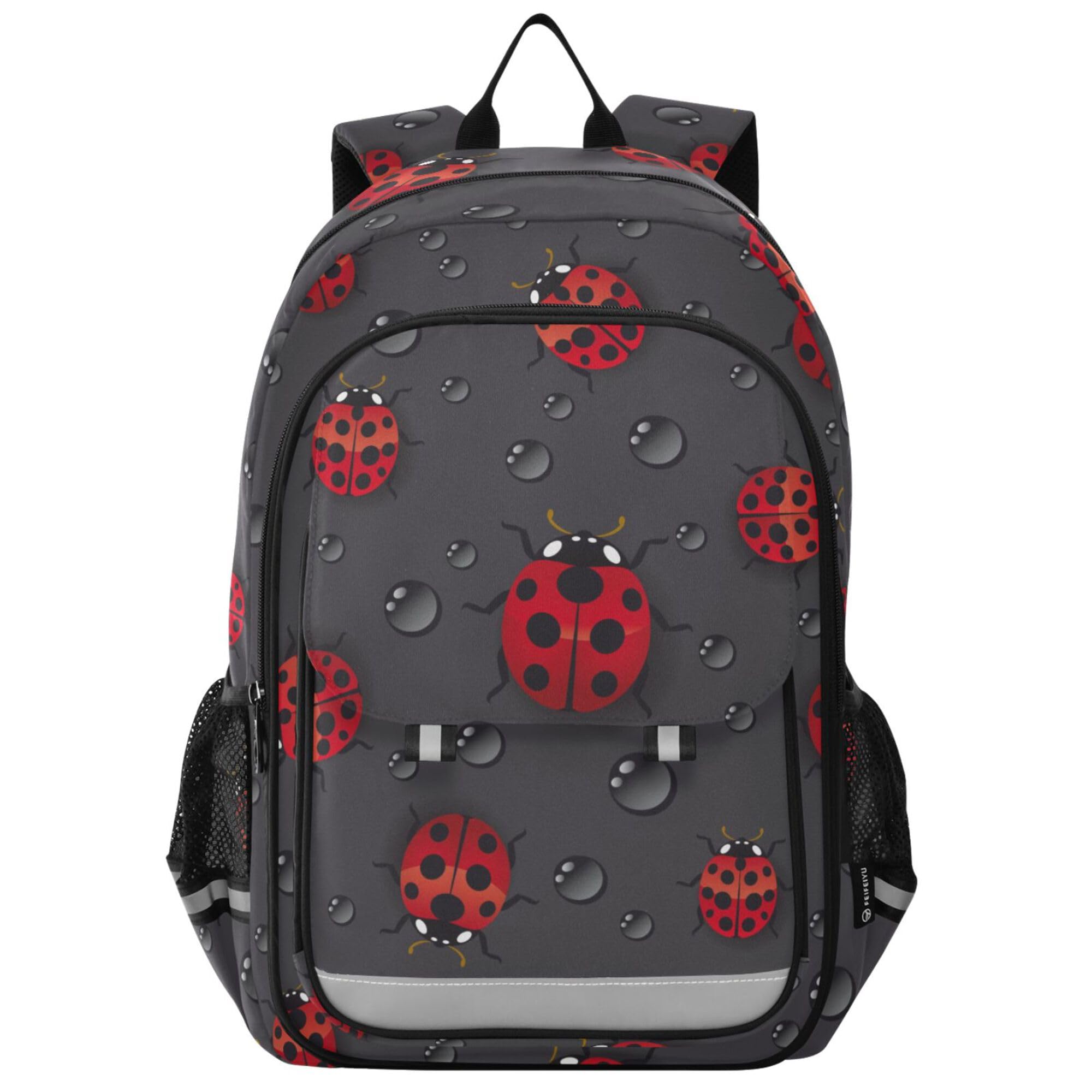 Fisyme Red Ladybugs School Backpack Laptop Backpack Bags Bookbag Travel Casual Computer Notebooks Daypack