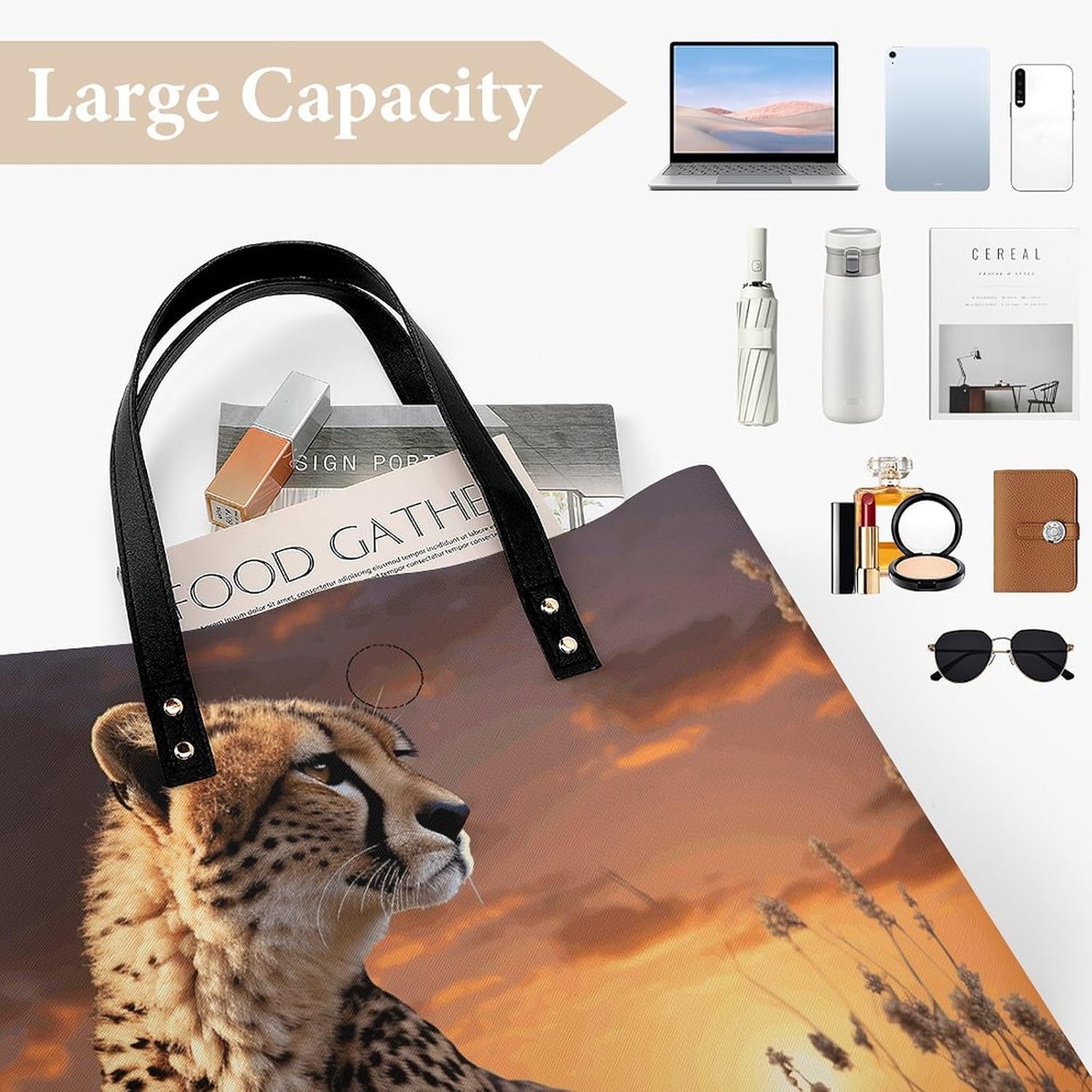 Cheetah Looking Out Over Savanna Tote Bag with Magnetic Buckle Reusable Grocery Bags Lightweight Cross Body Handbag for Daily Essentials