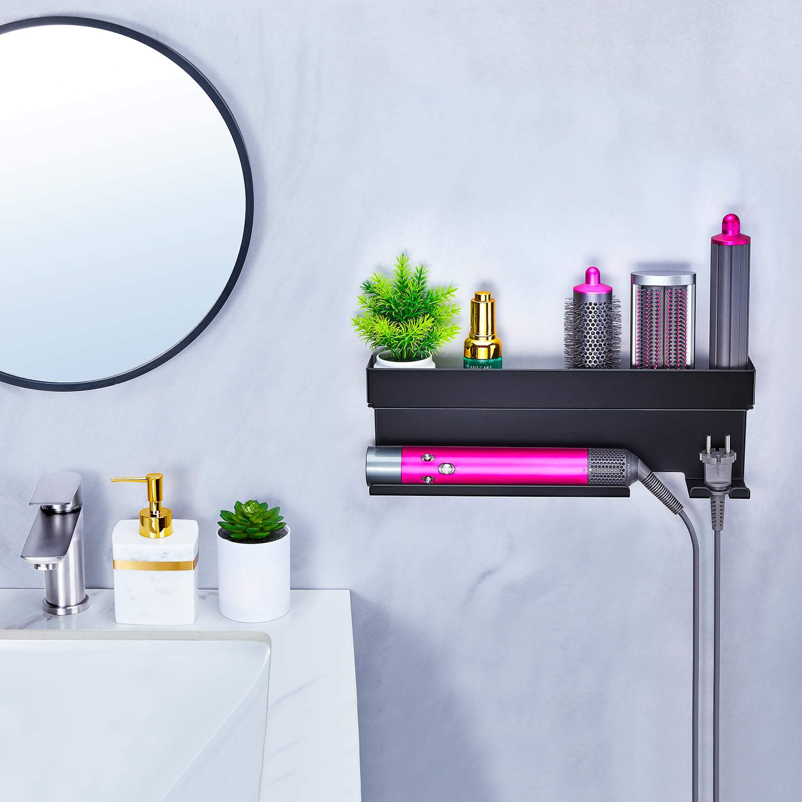 Support Mural GGQ Pour Sèche-cheveux Et Lisseur - Adhésif 3M Sans Perçage - Noir - Anti-rayures