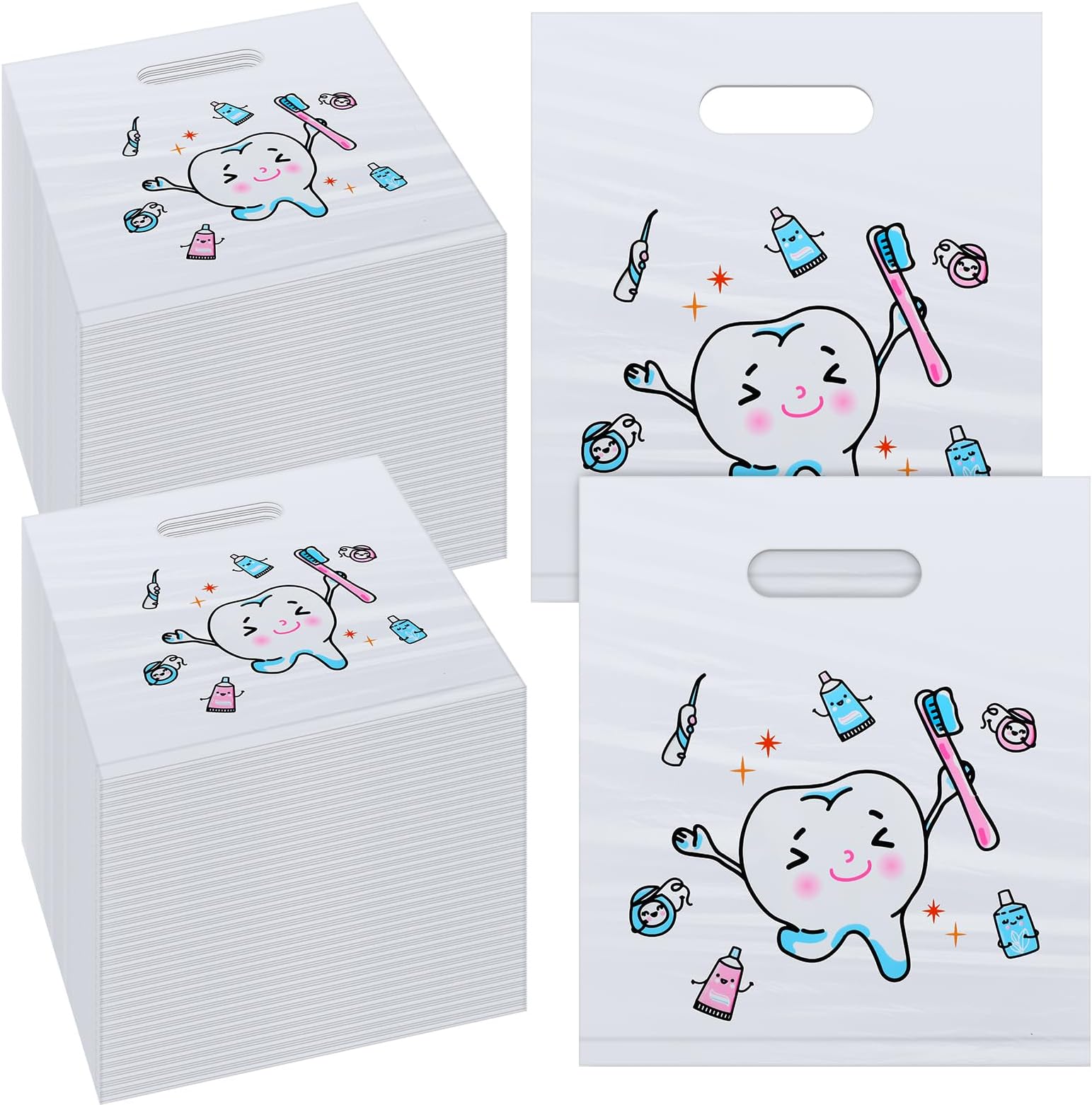 Jetec 200 Pcs Tooth Plastic Bags 8.18 x 9.25 Inches Patient Care Merchandise Dental Plastic Gift Bags with Handles for Hygienist Dentist Appreciation Gift Packaging Retail Party Favor(Sweet)