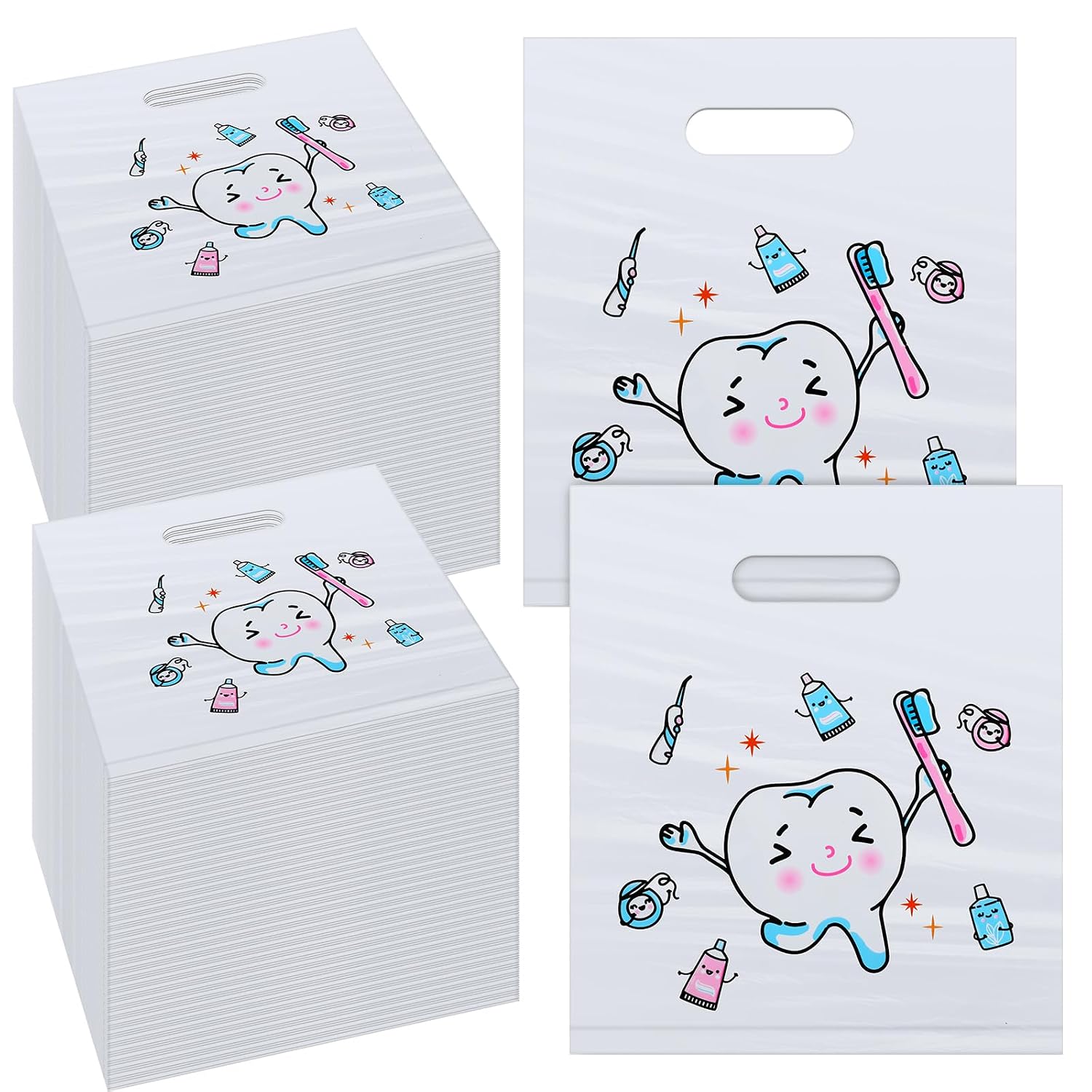 Jetec 200 Pcs Dental Bag Bulk Tooth Merchandise Goodie Bag with Handles Plastic Tooth Dental Gift for Dentist Hygienist Appreciation Packaging Souvenir Gift Retail Party Favor 8.18 x 9.25 Inch(Sweet)
