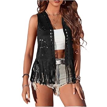 LouVasabuce Women Boho Western Tassel Vest Open Front Faux