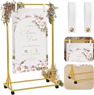 Heavy Duty Wedding Sign Holder, Adjustable Welcome to Our Wedding Sign Stand with Detachable Casters, 2 Hanging Straps-28.7x19.7x66" Wedding Seating Chart Stand for Church,Reception,Photo Booth