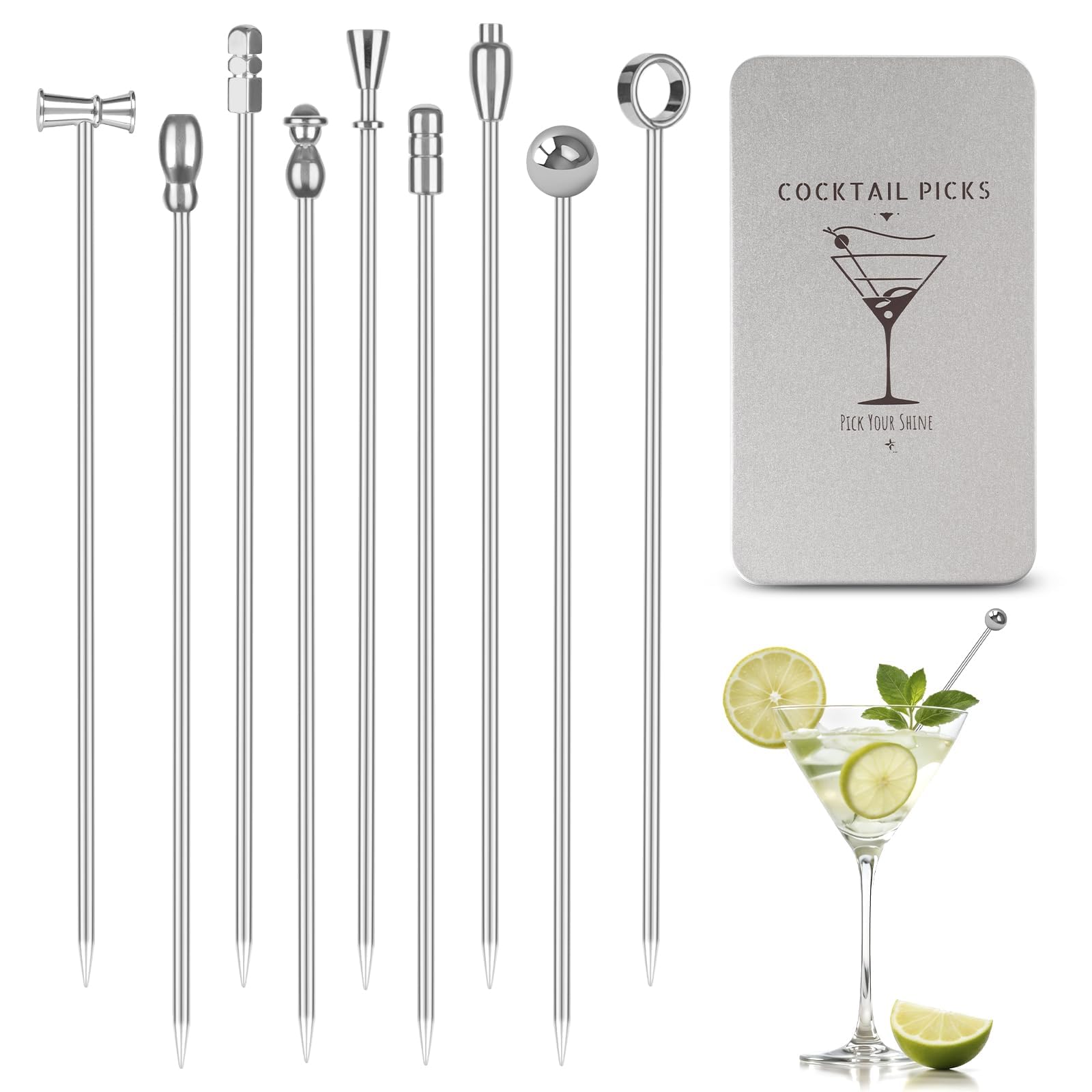 Metal Skewers Sticks, 9 Pcs Durable Material Martini Picks, 4.1 Inch Silver Reusable Food Picks, Decorative Garnish Sticks for Drinks Appetizers, Bar Supplies Ideal for Bartenders-image-5