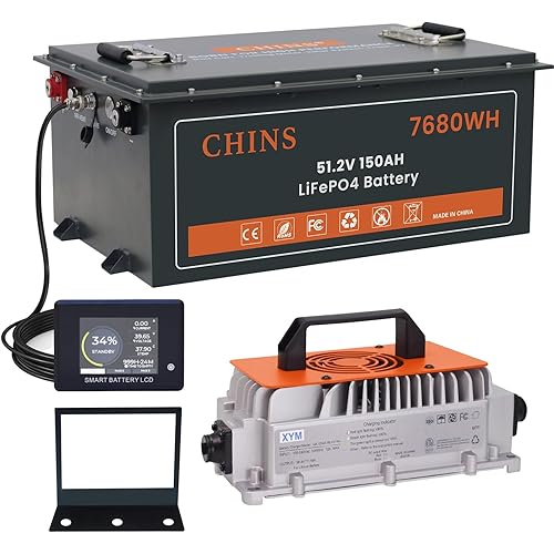 CHINS 48V 150Ah Lithium Golf Cart Battery, Built-in Smart 200A BMS, Includes 48V 18A Charger, 48V Lithium Battery, Max 10.24kW Output 70 Miles Range, Perfect for Golf Cart