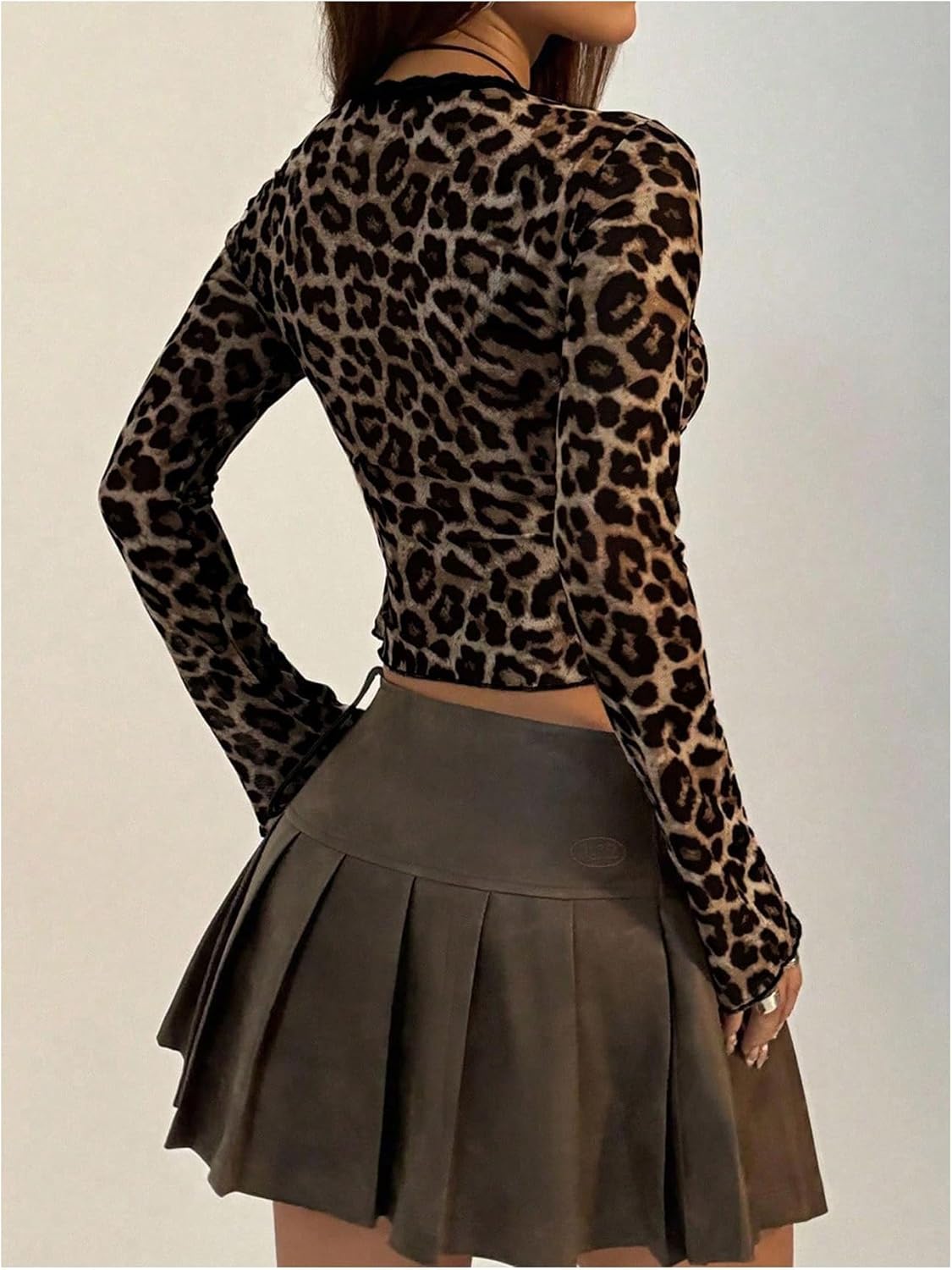 GORGLITTER Women's Cheetah Leopard Printed Tie Front Tops Dressy Casual Fall Animal Mesh Long Sleeve Going Out Crop Top - Image 2