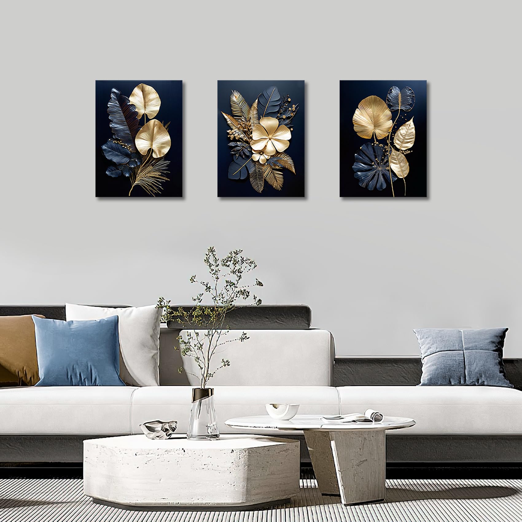FajerminArt 3 Panels Modern Canvas Wall Art Navy Blue Gold Flowers Coconut Leaves Pictures Painting on Canvas Prints for Living Room Bedroom Office Wall Decoration Stretched On Frame 30x40cmx3 Pcs — view 5