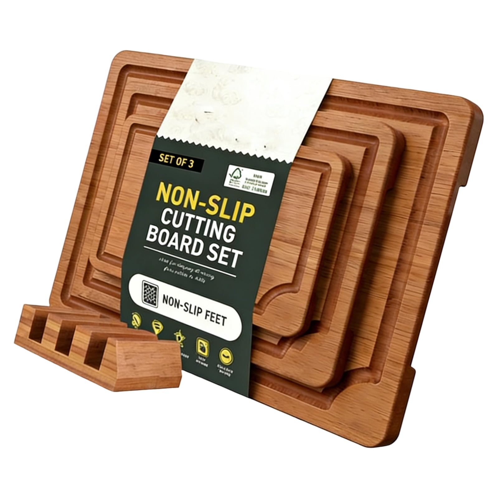 Juego de tablas de cortar de bambú natural de 3 piezas para frutas, verduras y carne, cocinas modernas, esenciales con tabla de cortar de diseño antideslizante
