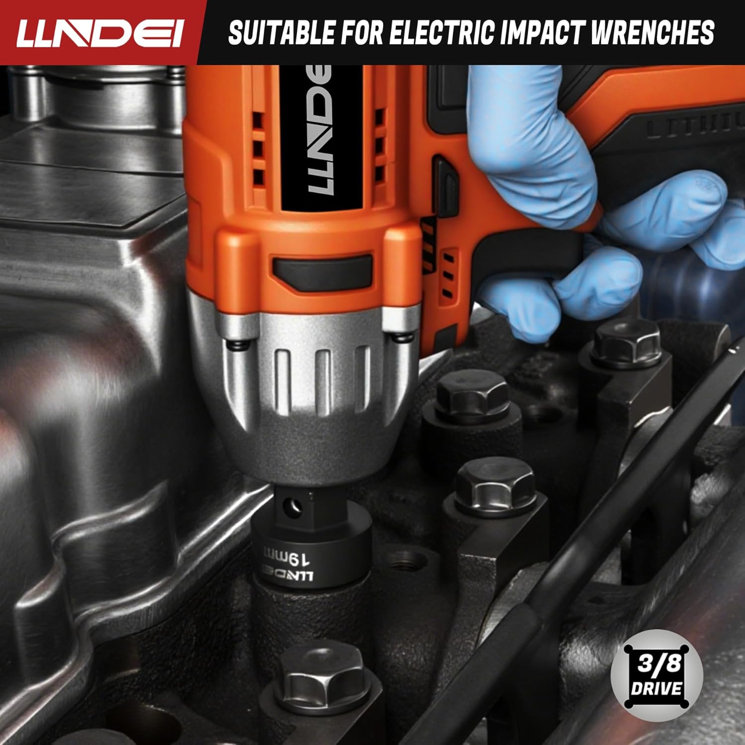 LLNDEI 3/8" Nano Sockets, Drive Stubby Impact Socket Set, 19-Piece Long Flex Head Ratcheting Wrench Set Extension Bar(6"-15"), 6-19mm Metric Stubby Socket Set, Cr-Mo material