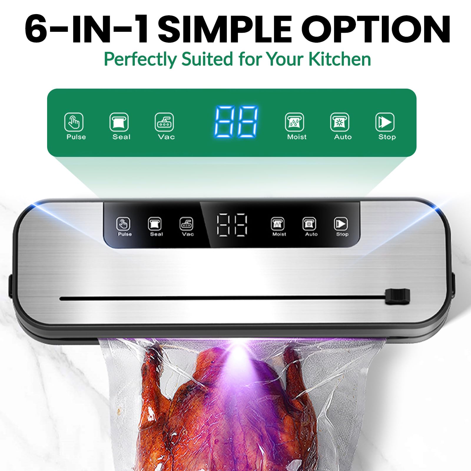 6 en 1 Machine Sous Vide Alimentaire, 75 KPA Appareil Sous Vide Alimentaire avec Mode Sec et Humide, Mise Sous Vide Alimentaire avec Couteau de Coupe à 50 Sacs Sous Vide