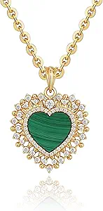 Fettero Necklaces for Women Trendy 14K Gold Plated Charm Necklace Green Malachite Heart Coin Butterfly Cross Clover Pendant Dainty Gold Necklace for Women Jewelry