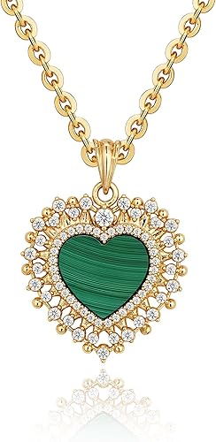 Fettero Necklaces for Women Trendy 14K Gold Plated Charm Necklace Green Malachite Heart Coin Butterfly Cross Clover Pendant Dainty Gold Necklace for Women Jewelry