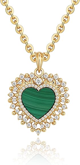 Fettero Necklaces for Women Trendy 14K Gold Plated Charm Necklace Green Malachite Heart Coin Butterfly Cross Clover Pendant Dainty Gold Necklace for Women Jewelry