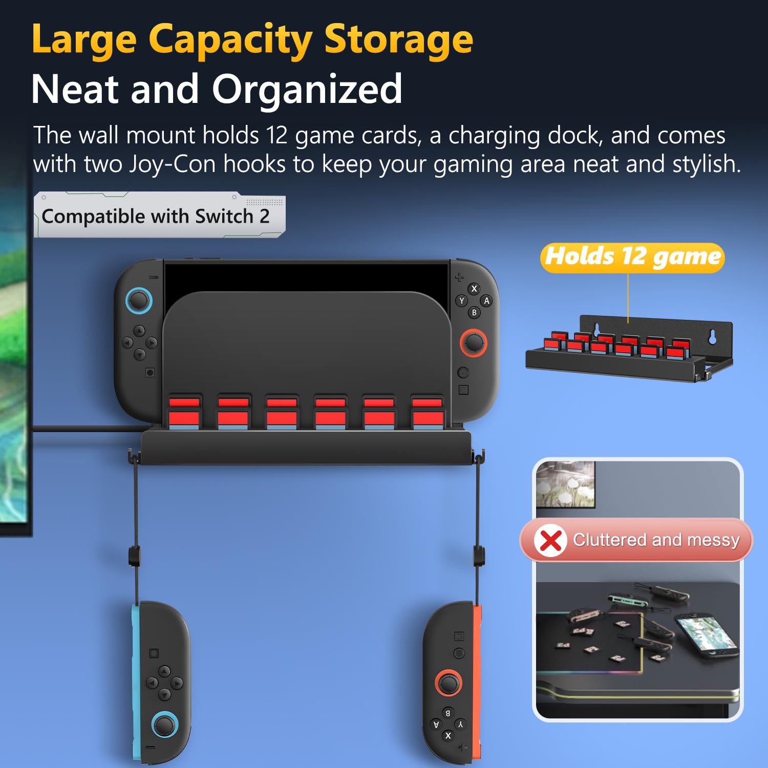 ivoler Soporte de Pared Compatible con Nintendo Switch 2 (2025), Soporte Metálica con 12 ranuras para Cartuchos y 2 ganchos para Joy-Con, Accesorios para Consolas de Juegos
