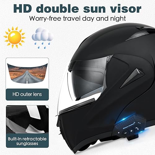 Miniatura 3 de Casco modular Bluetooth para motocicleta, aprobado por DOT, doble visera, abatible, de cara completa, con Bluetooth, casco de motocicleta integrado