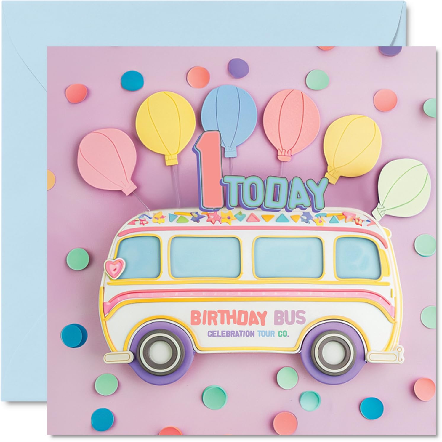 1st Birthday Cards for Girls - Balloon Bus - Happy Birthday Card for 1 Year Old Girl Granddaughter Niece Daughter Cousin, 145mm Bday Greeting Cards