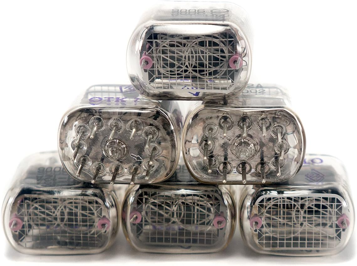 A close-up view of the pins at the base of several unlit Vannamore IN-12A Nixie tubes, showing their connection points.