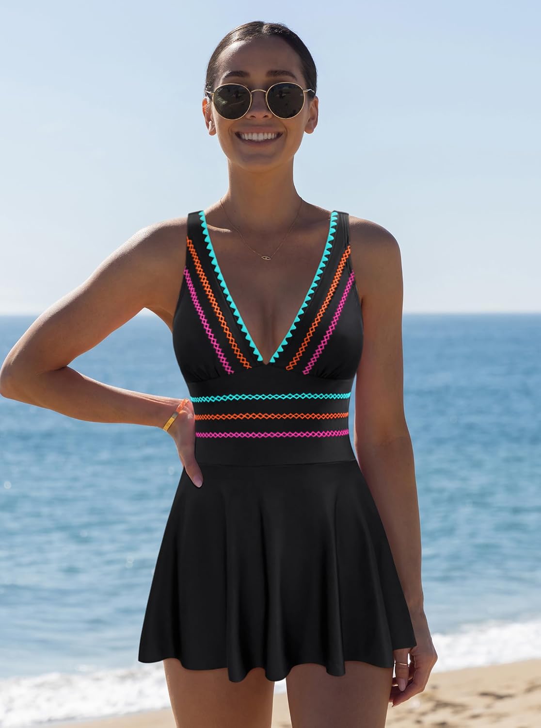 popvil Women's One Piece Swimsuit Swimdress Tummy Control Bathing Suit Adjustable Shell Trim Deep V Neck Swim Dress - Image 6